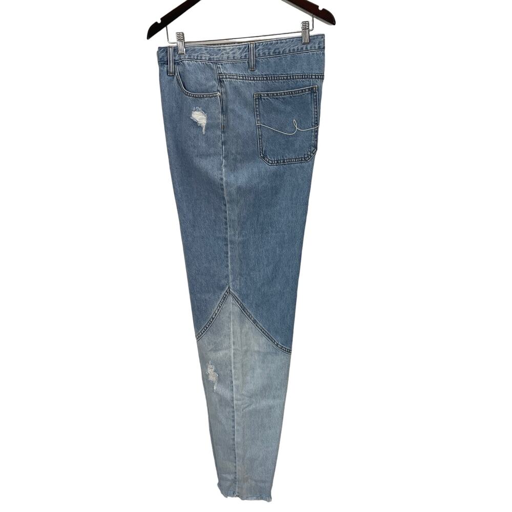 Two-Tone Patchwork Distressed Straight Leg Denim Jeans Blue Color Block Size XXL - Picture 4 of 12